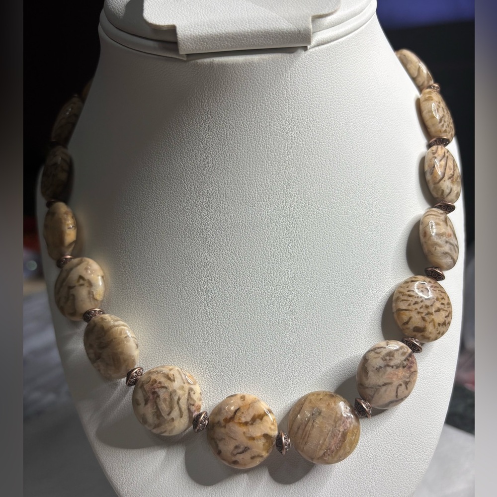 Natural Jasper puff coin necklace 18 inches
